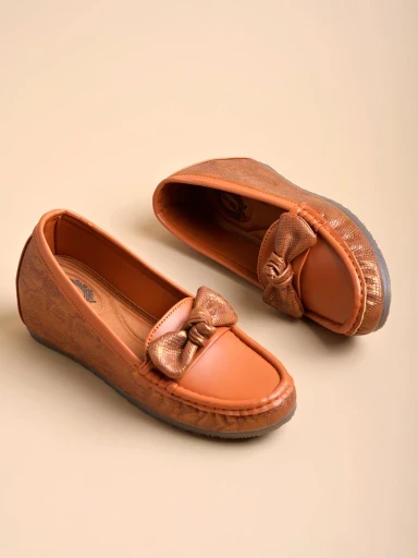 Stylestry upper Bow Detailed Tan Loafers For Women & Gilrs