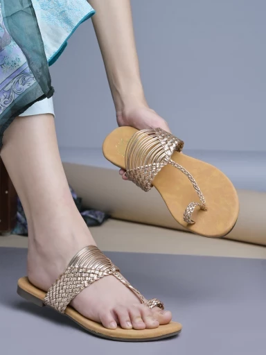 Stylestry Chic Comfort & Stylish Rose-Gold Kolhapuri Flats For Women & Girls