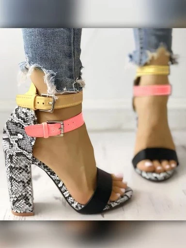 Stylestry Snake Printed Black Block Heeled Sandals For Women & Girls