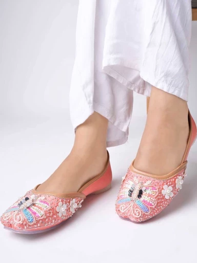 Stylestry Handcrafted Pearl Embroidered Peach Ethnic juttis For Women & Girls