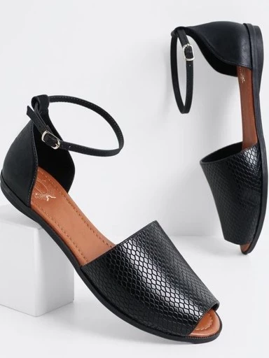 Stylestry Ankle Buckled Peep-Toe Black Flat Sandals For Women & Girls