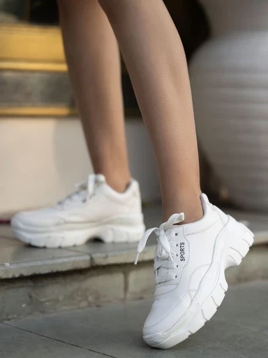Shoetopia Lace-up Detail White Chunky Sneakers For Women & Girls