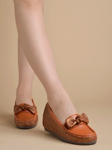 Stylestry upper Bow Detailed Tan Loafers For Women & Gilrs