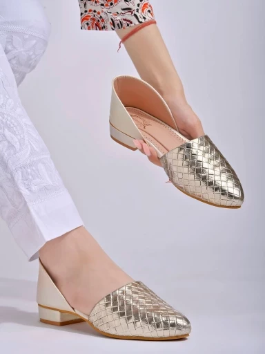 Stylestry Textured Golden Serena Ballerinas For Women & Girls