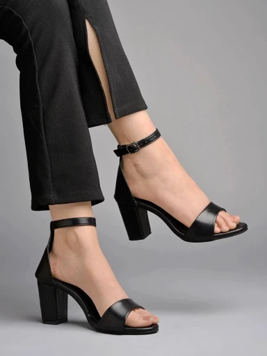 Shoetopia Stylish Ankle Strap Black Block Heeled Sandals For Women & Girls
