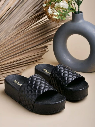 Stylestry Quilted Black Flatform Heels For Women & Girls