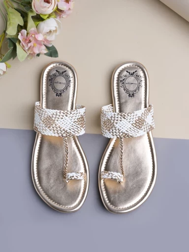 Stylestry Ethnic Rose-Gold Kolhapuri Flats For Women & Girls