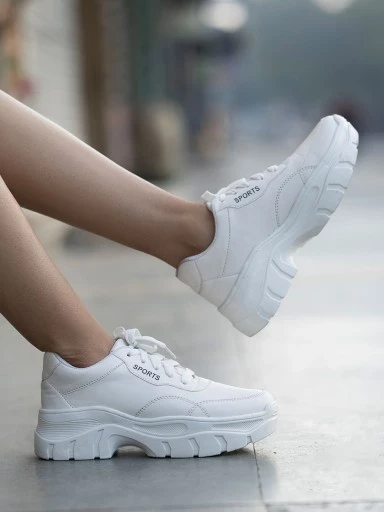 Shoetopia Lace-up Detail White Chunky Sneakers For Women & Girls