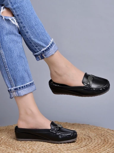 Stylestry Upper Bow Detailed Black Slip-On Loafers For Women & Girls