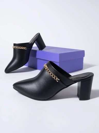 Stylestry Pointed Toe with Stylish Golden Chain Black Pumps Women & Girls