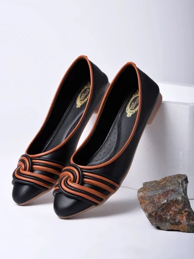 Stylestry Pointed Toe Stripped Detailed Black Bellies For Women & Girls
