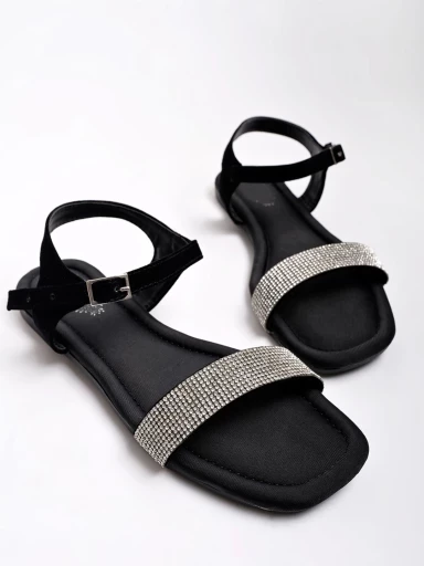 Stylestry Embellished Rhinestones Strap Black Flat Sandals For Women & Girls