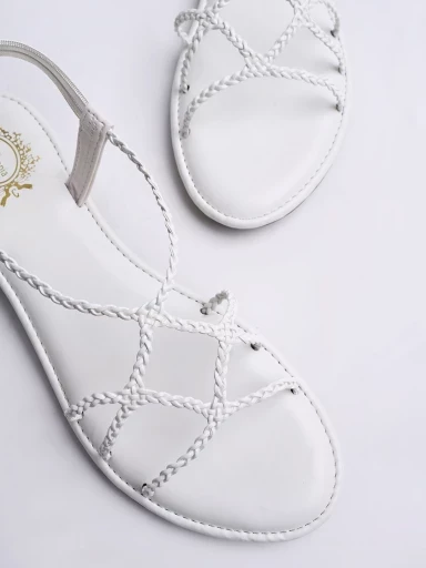 Stylestry Round Toe Strappy Detailed White Flat Sandals For Women & Girls