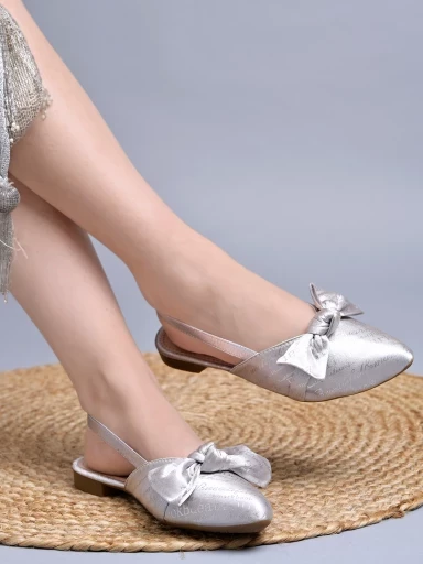 Stylestry Stylish Decor Bow Point Toe Slingback Cream Mules For Women & Girls