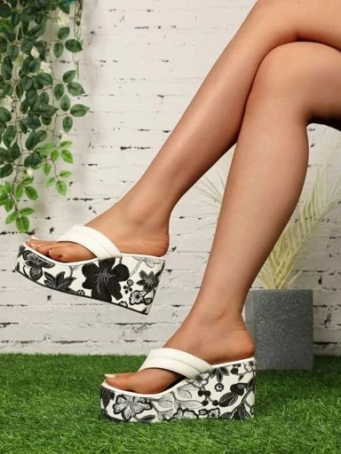 Stylestry Floral printed heel detailed White Wedges For Women & Girls