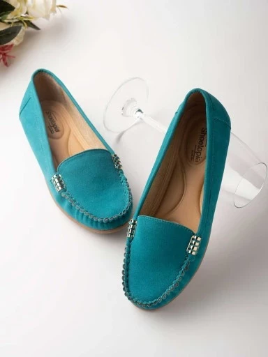 Stylestry Women Turquoise Blue Colour blocked Suede Loafers