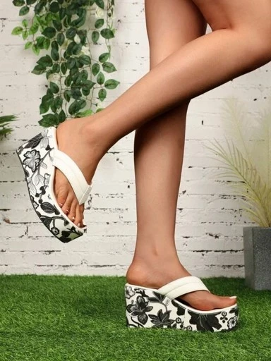Stylestry Floral printed heel detailed White Wedges For Women & Girls