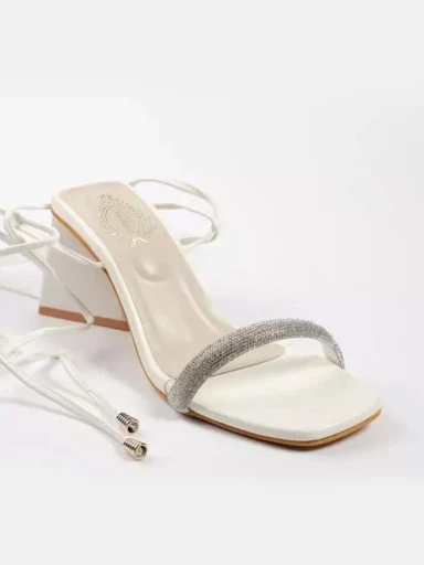 Stylestry Embellished Studed Strap White Heeled Sandals For Women & Girls