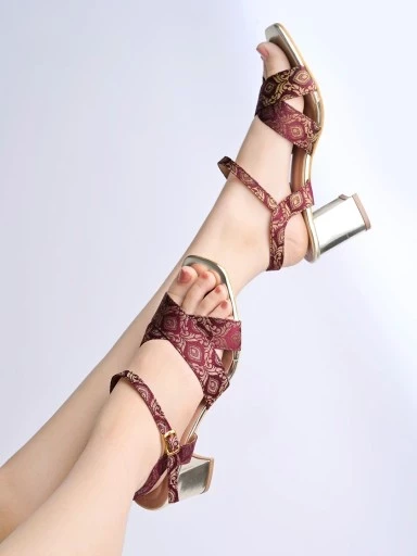 Stylestry Gold-Toned Printed Design Wine Block Heeled Sandals For Women & Girls