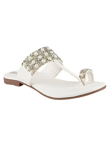 Stylestry Womens & Girls White & Silver-Toned Embellished Leather Ethnic One Toe Flats