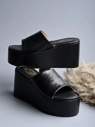 Stylestry Embellished Sequence Detailed Black Platform Heels For Women & Girls