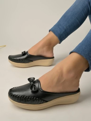 Stylestry Upper Bow Detailed Black Slip-On Loafers For Women & Girls