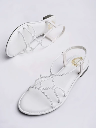 Stylestry Round Toe Strappy Detailed White Flat Sandals For Women & Girls