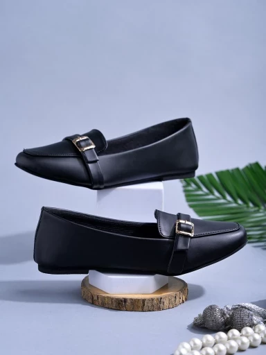 Stylestry Square Toe Buckle Detailed Black Bellies For Women & Girls