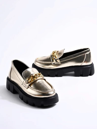 Shoetopia Smart Casual Chain Detailed Golden Loafers For Women & Girls