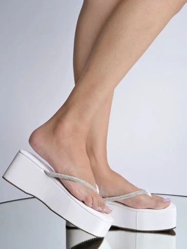 Shoetopia Embellished Rhinestones Strap White Platform Heels For Women & Girls