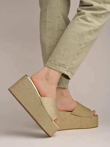 Stylestry Embellished Shimmer Detailed Golden Platform Heels For Women & Girls