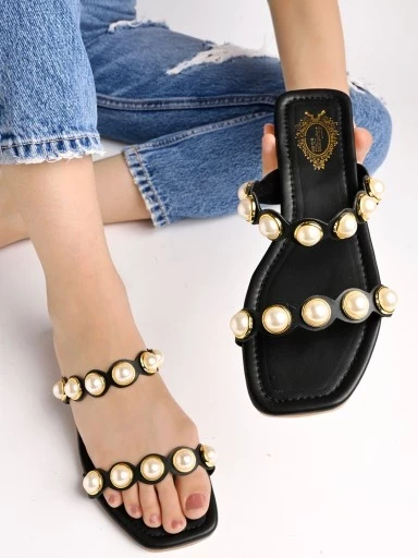 Stylestry Faux Pearl Décor Black  Slip-on Flat Sandals for women