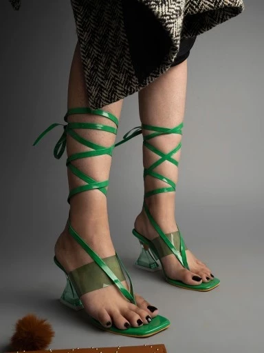 Stylestry Clear Strap Stylish Green Block Heeled Sandals For Women & Girls