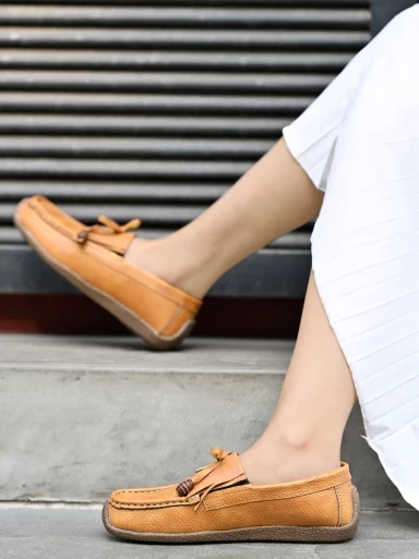 Stylestry Upper Tassel Detailing Tan Loafers For Women & Girls