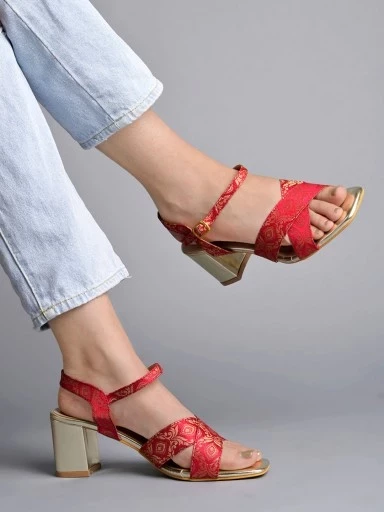 Stylestry Gold-Toned Printed Design Red Block Heeled Sandals For Women & Girls