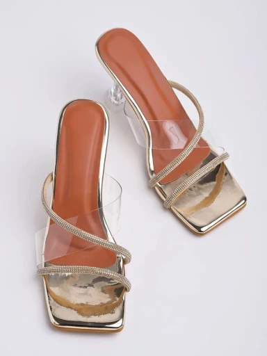 Stylestry Stylish Embellished Transparent Golden Stiletto Heels For Women & Girls