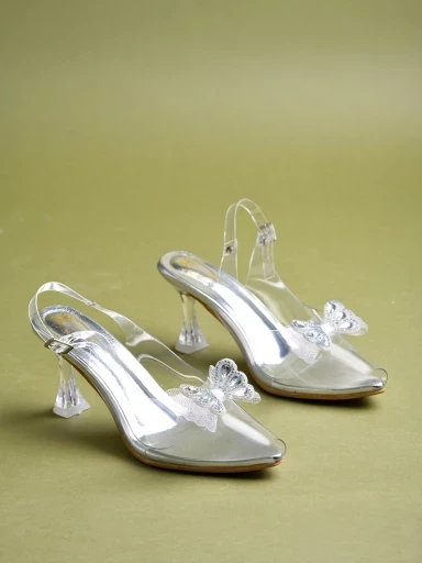 Stylestry Stylish Trasparent Detailed Silver Heels For Women & Girls