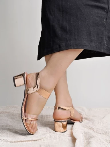 Stylestry Rhinestone Detailed Pink Shiny Block Heeled Sandals For Women & Girls