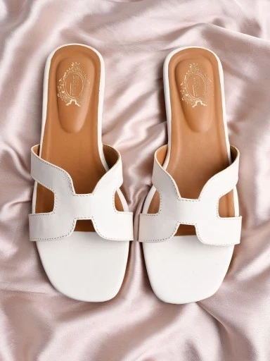 Shoetopia Stylish Square Toe and Trendy H-shaped  White Flats For Women & Girls