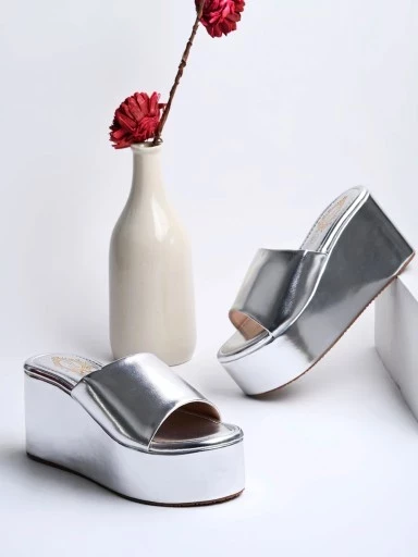Stylestry Fashionable Solid Silver Platform Heels For Women & Girls