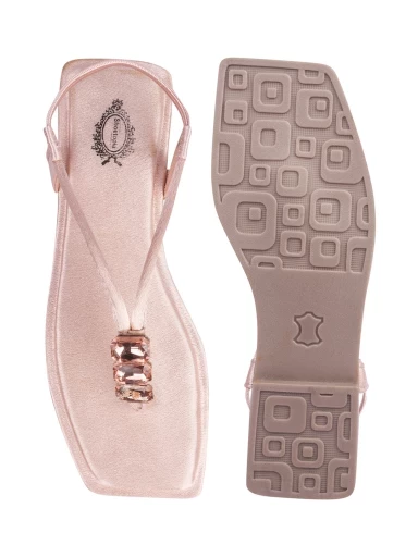Stylestry Embellishment Gemstones Jewels Detailed Pink Flat Sandals For Women & Girls