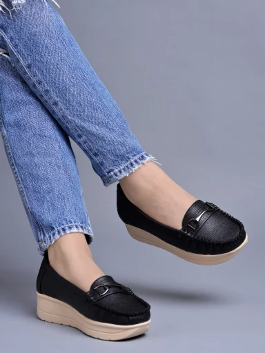 Stylestry upper Bow Detailed Black Loafers For Women & Gilrs