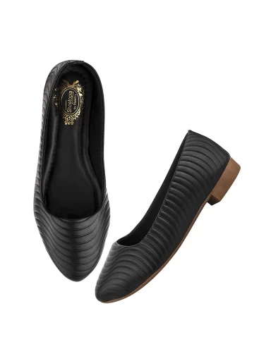 Stylestry Textured Black Ballerinas For Women & Girls