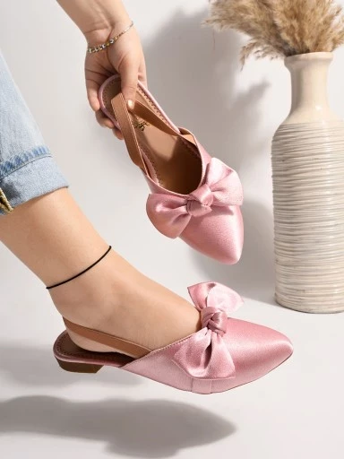 Stylestry Front Bow Décor Pointed Toe Flat Pink Sandals For Women & Girls