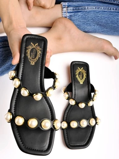 Stylestry Faux Pearl Décor Black  Slip-on Flat Sandals for women