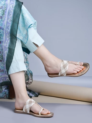 Stylestry Ethnic Rose-Gold Kolhapuri Flats For Women & Girls