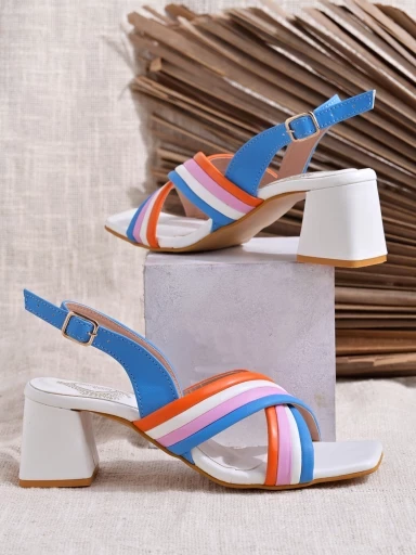 Stylestry Multicolored Strappy White Block Heels For Women & Girls
