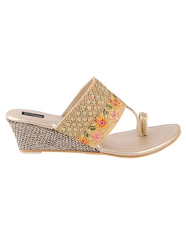 Stylestry Women's & Girl's Gold Woven Design Wedges Heels