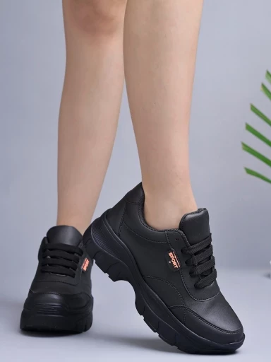 Stylestry Lace-up Detail Black Chunky Sneakers For Women & Girls