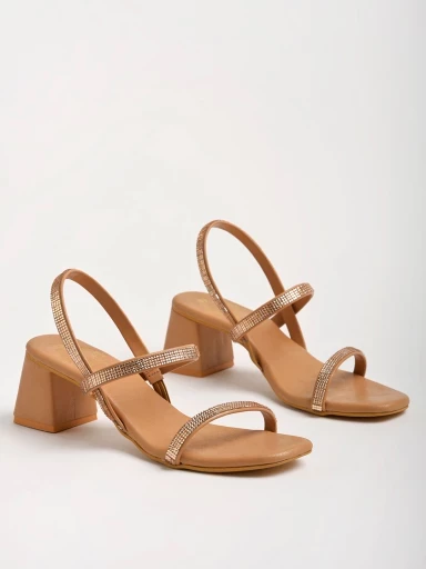 Stylestry Embellished Stylish Tan Block Heeled Sandals For Women & Girls